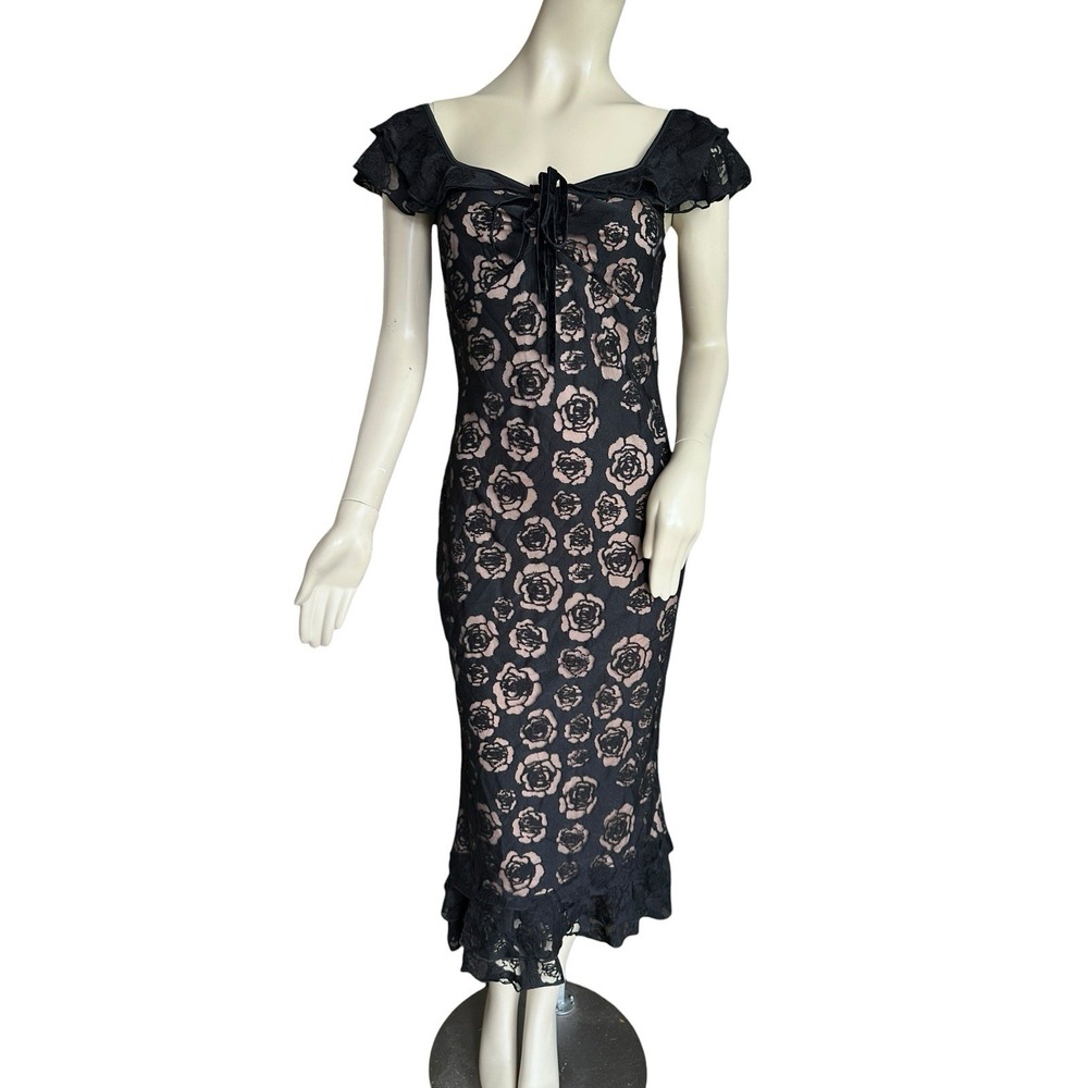 NWT Rihoas Ruffle Mermaid‎ Midi Dress Medium Textured Black Nude Floral Bodycon